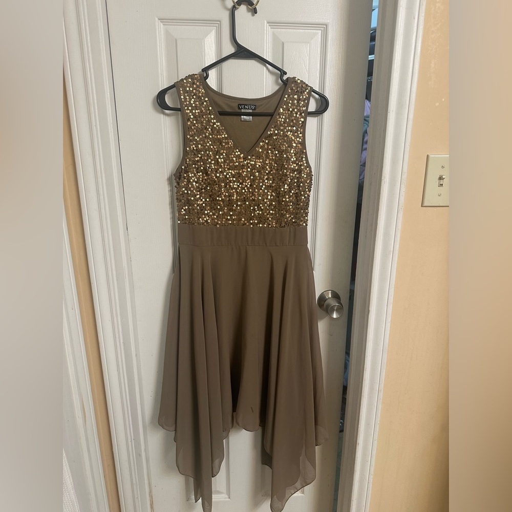 VENUS Gold Sequin and Brown Chiffon Dress